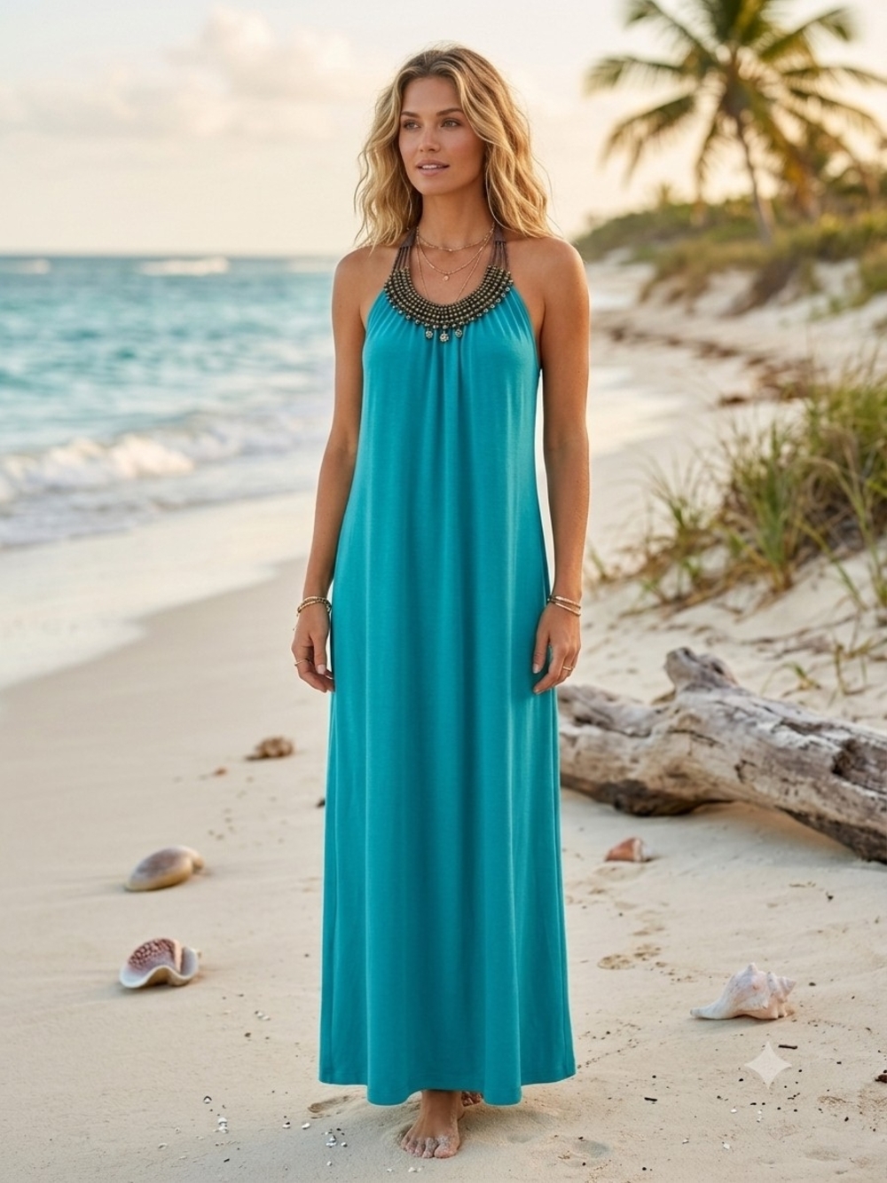 L8teR Teal Halter Maxi Dress with Embellished Neckline
